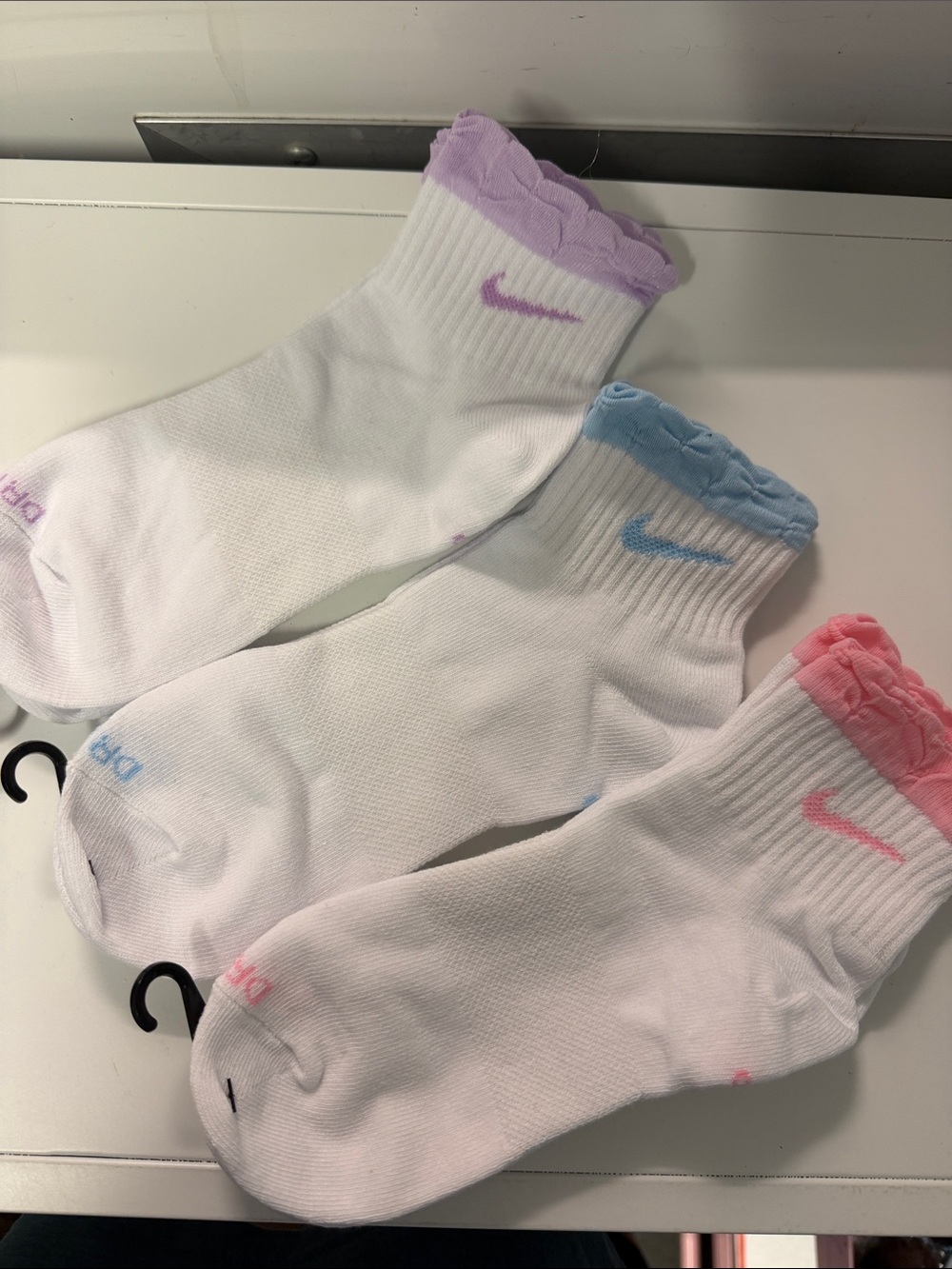 Nike Dri-fit White Ankle Socks Trio with Purple, Blue & Pink Accents 3 pair
